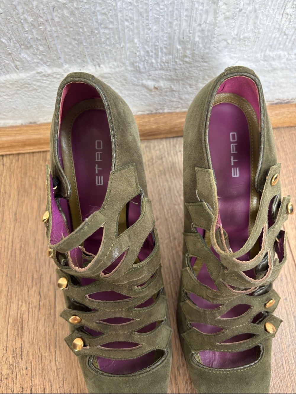 Etro Cage 1980s Leather Suede Olive Green Lace-Up Cage Stiletto Heels sz 9 1/2 - Picture 5 of 13